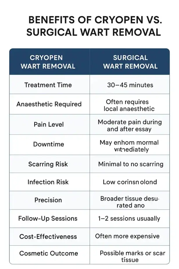 Table showing the benefits of cryopen to remove warts Northwich compared to surgical treatment